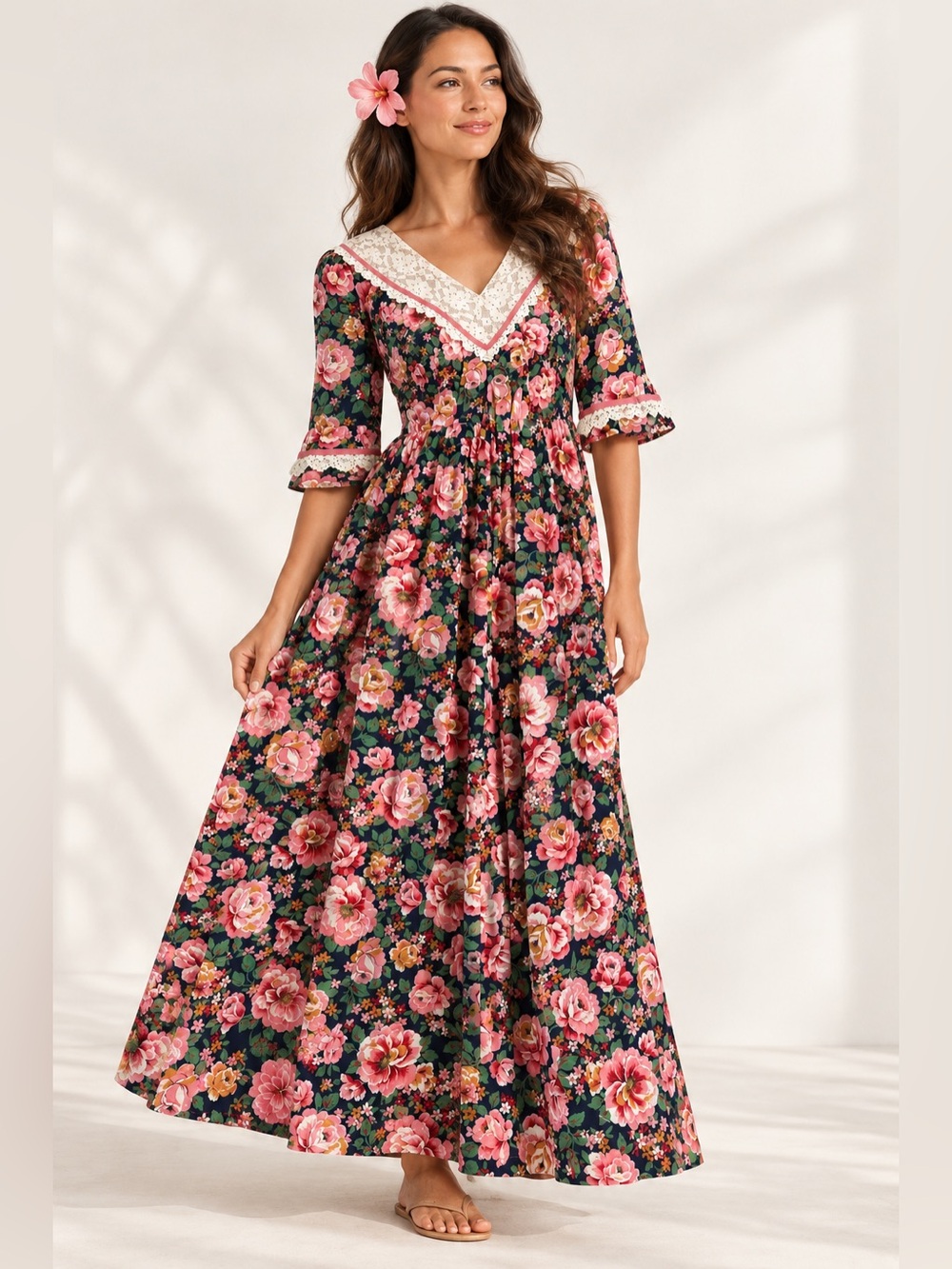Vintage Bete Inc Honolulu Hawaiian Muumuu Floral Lace Maxi Dress 14